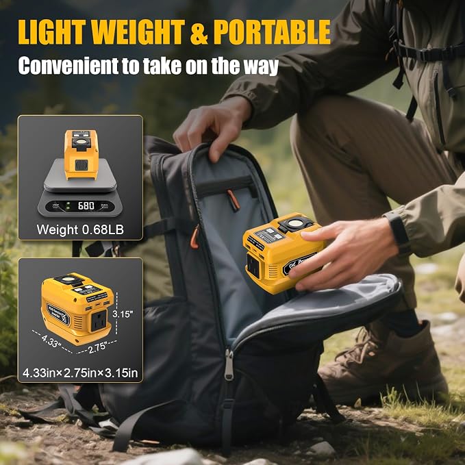 220W Portable Power Inverter Compatible with Dewalt 20V Battery, DC 20V to AC 110V Battery Inverter, Power Station with 400LM LED Work Light, 1 AC Outlet, 2 USB Ports &1 Type-C, Fast Charging