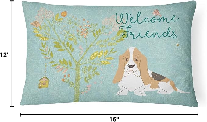 Caroline's Treasures BB7600PW1216 Welcome Friends Basset Hound Canvas Fabric Decorative Pillow Machine Washable, Indoor Outdoor Decorative Pillow for Couch, Bed or Patio, 12HX16W
