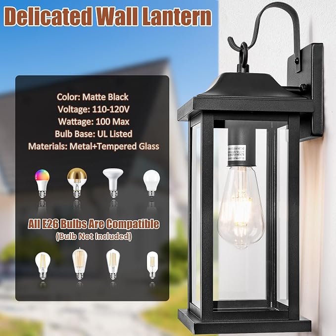 Large Black Outdoor Wall Light 17 Inch | 1 Pack ETL Listed, Exterior Light Fixture IP65 Waterproof, Weather Resistance Outside Wall Sconce for Front Door Backyard