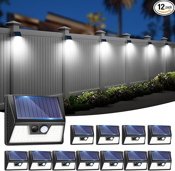 vighep 12 Pack Solar Fence Lights Waterproof, Motion Sensor Deck Lights Outdoor, Cold White LED Outside Lights Wireless for Wall Yard Steps Stairs Garden - Black