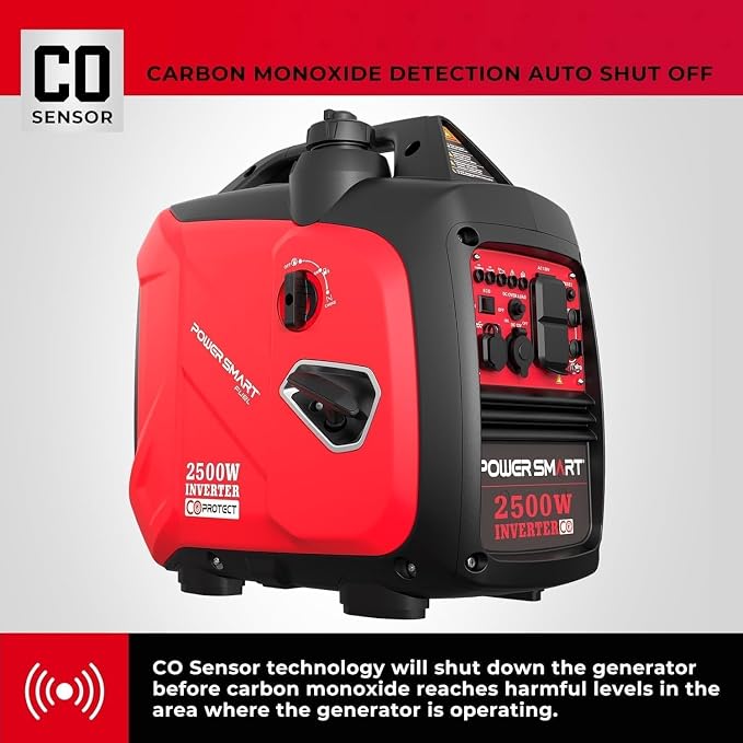 PowerSmart PS5020W 2500W Inverter Generator: Manual Start, Fuel-Efficient, with CO Alarm and USB Output—Ideal for Home and Outdoor Use