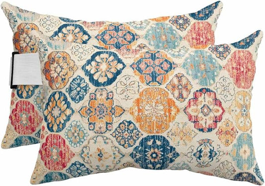 Pack of 2 Outdoor Lumbar Cushions with Inserts, Vintage Boho Ethnic Abstract Art Texture Waterproof Fluffy Fade Body Pillows, Patio Furniture Pillow for Home Balcony Garden Decor 12x20IN
