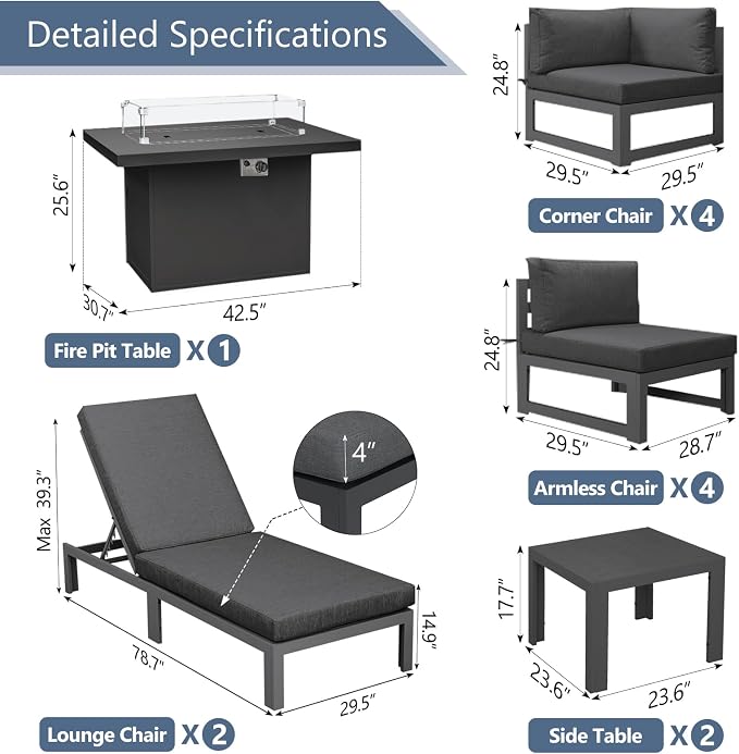 RADIATA 13 Piece Luxury Aluminum Outdoor Sectional Sofa with Chaise Lounge & Firepit, Large Modular Patio Furniture Set, 29" Deep Wide Seating, 500 lbs Heavy Duty Conversation Set for Deck, Dark Gray
