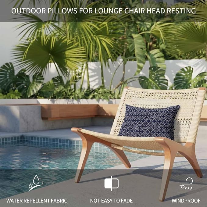 Blue Geometric Abstract Outdoor Pillows for Chaise Lounge Chair Waterproof Lumbar Pillows with Insert&Adjustable Strap Beach Headrest Pillow Contemporary Modern Art Pillow for Patio Pool 11"x16"