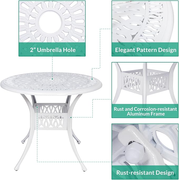 VIVIJASON 5-Piece Outdoor Patio Furniture Dining Set, All-Weather Cast Aluminum Conversation Set, Include 4 Chairs and 38.5" Round Table w/Umbrella Hole for Balcony, Lawn, Garden, Backyard, White