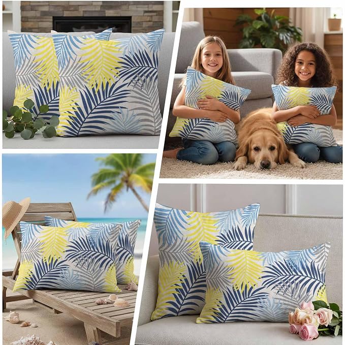Outdoor Waterproof Throw Pillow Covers, Blue Yellow Grey Palm Leaves Decorative Pillow Cases, Summer Botanical Tropical Leaf Couch Pillow Protector Patio Sofa Cushion Covers Replacement 20"x20" 2 Pack
