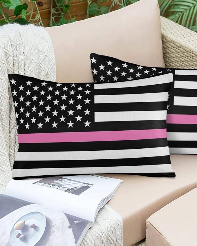 Outdoor Waterproof Pillow Covers Set of 2, Thin Pink Line Breast Cancer Awareness Women USA American Flag Patio Throw Pillow Covers, Decorative Cushion Case for Couch Sofa Furniture Garden, 20x12 Inch