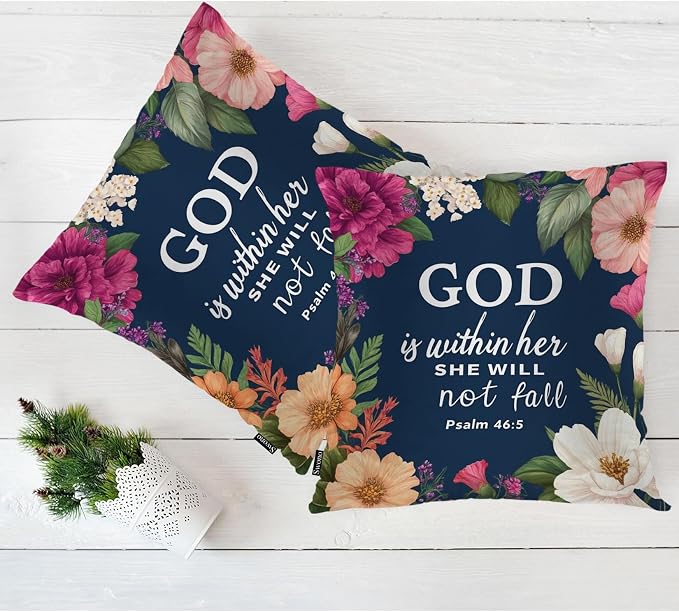 Swono Bible Verses Set of 2 Square 18x18 Inch Throw Pillow Cover God is Within Her She Will Not Fall Cosy Pillowcases Pillow Cushion Covers for Home Sofa Couch Garden Bench Car, Christian Quote