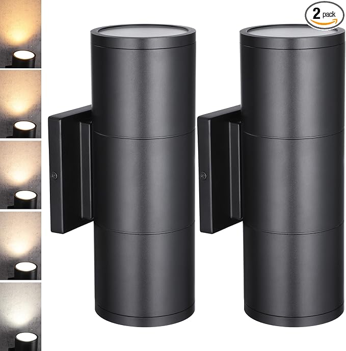 LEONLITE 2-Pack 12 Inch 5CCT LED Cylinder Up Down Wall Light Outdoor | 120-277V, Dimmable, Waterproof, Wall Sconce, Exterior Front Door Porch Light, Aluminum, ETL Listed