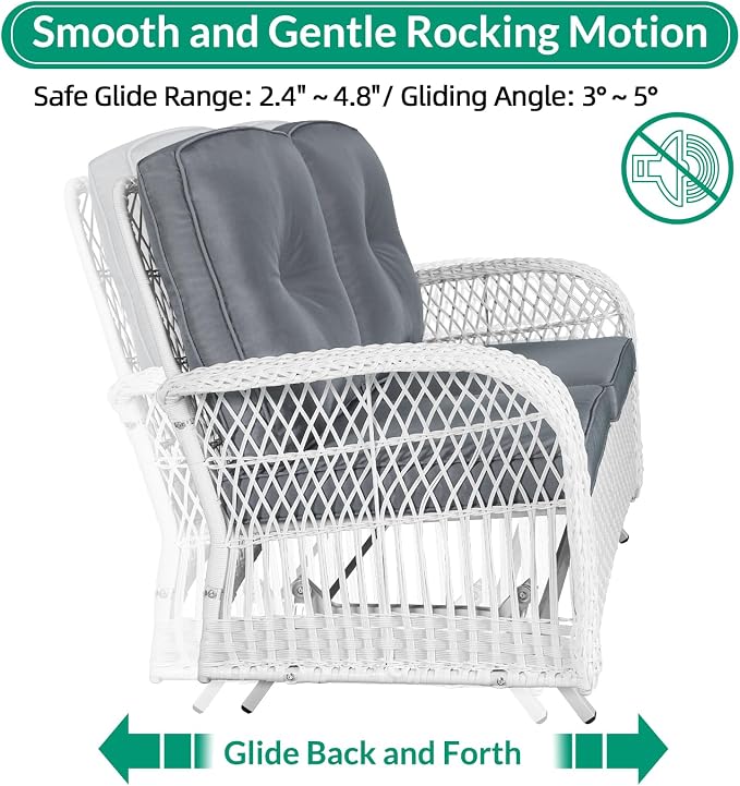 VIVIJASON 5-Piece Outdoor Patio White Wicker Conversation Sets, All Weather Outdoor Rattan Furniture Set Includes Glider Loveseat, 2 Coffee Table, 2 Swivel-Gliders Chairs with Cushions, Grey
