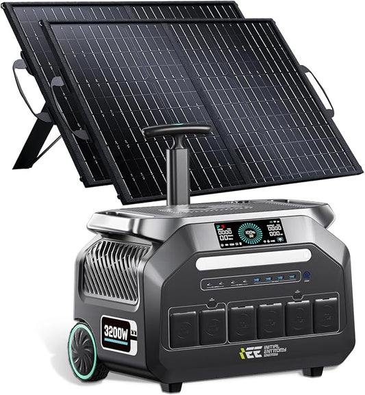 IEE 3200W Portable Power Station P3200 with 2x100W Solar Panels, 2048Wh LiFePO4 Solar Generator, 1800W AC & 1000W Solar Charging, 14 Output Ports(6400W Peak), EPS, for Home Backup, Camping, Emergency