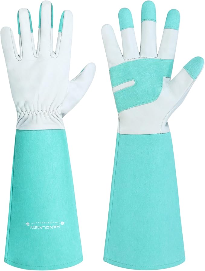 HANDLANDY Long Gardening Gloves for Men & Women, Thorn Proof Rose Pruning Gloves Leather Gauntlets Garden Glove Yard Work Glove (Teal Green, Small) | Long Leather Gardening Gloves, Breathable Leather Gauntlet, Best Garden Gifts & Tools for Gardener (Te...