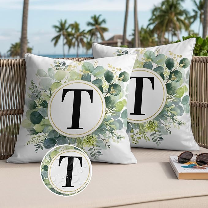 Letter T Waterproof Outdoor Pillow Covers Set of 2 Home Decor, Alphabet Green Eucalyptus Leaves Pillowcase Patio Pillow Covers for Couch Bench Patio Furniture Garden 24x24in
