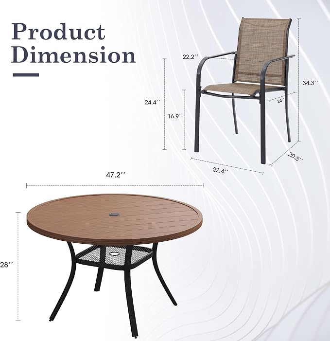 7 Pieces Outdoor Dining Set, Stackable Textilene Paito Chairs & 47.2" Round Dining Table with Umbrella Hole and Shelf, Patio Dining Set for Backyard, Deck, Garden, Brown & Walnut