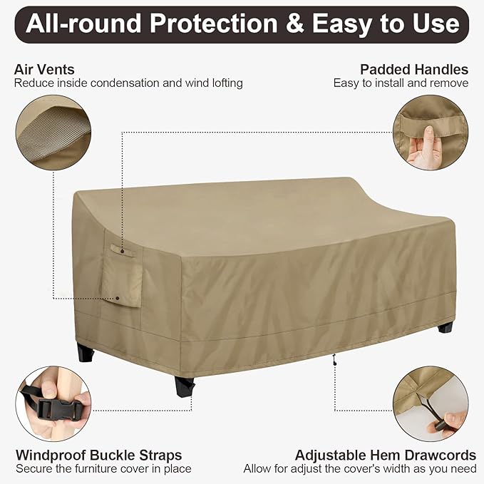 PureFit Outdoor Couch Cover Waterproof Patio Sofa Furniture Covers, 3-Seater Outdoor Cover with Air Vent and Handles, 85W x 35D x 35H Inches, Camel
