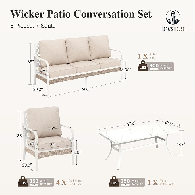 HERA'S HOUSE 6 Pieces Metal Patio Furniture Set, All Weather Outdoor Conversation Sets with 3-Seat Sofa, 4 Fixed Chairs & Coffee Table, 7 Seats for Backyard, Garden, Deck, White/Beige