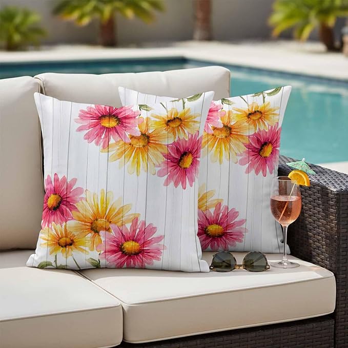 Yellow Pink Daisy Outdoor Pillow Covers 16"x16" Set of 2, Rustic Farmhouse Wooden Slats Waterproof Throw Pillow Covers for Patio Furniture, Decorative Cushion Covers for Porch