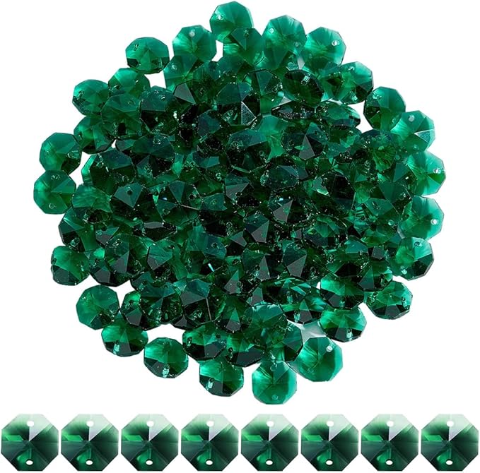 1 Box 120Pcs 14mm Glass Octagon Beads 2 Hole Crystal Prism Beads Sun Catcher Dark Cyan Chandelier Replacement Connector Faceted Spacers for Suncatchers DIY Lamp Hanging Pendants Jewellery