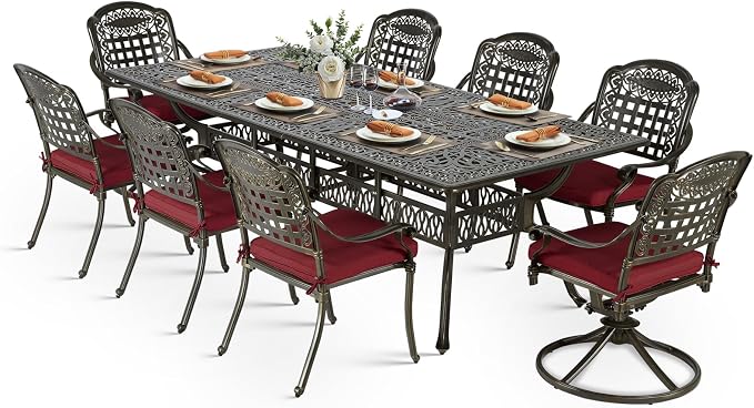 VIVIJASON 9-Piece Outdoor Dining Set, Cast Aluminum Patio Table & Chair Furniture Set for 8, Include 94.5" Rectangular Table, 2 Swivel Rocker Chairs, 6 Stationary Chairs, Umbrella Hole, Red Cushion