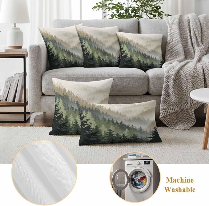 Mountains Outdoor Pillow Covers Waterproof, All Weather Cushion Case Set of 2, Watercolor Forest Nature Pine Trees Landscape Lumbar Pillowcase for Sofa Couch Bed Decor Patio Furniture 20"x12"