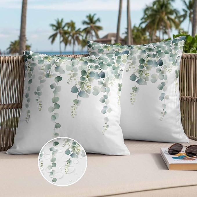 Eucalyptus Leaves Waterproof Outdoor Pillow Covers Set of 2 Home Decor, Pastoral Rustic Botanical Watercolor Pillowcase Patio Pillow Covers for Couch Bench Furniture Garden 18x18in