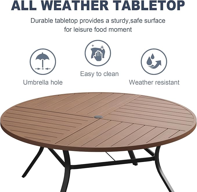 VICLLAX Patio 9 Pieces Outdoor Dining Set, 60" Round Metal Table with Umbrella Hole and 8 Swivel Textilene Chairs for Lawn, Garden, Porch, Walnut/Brown