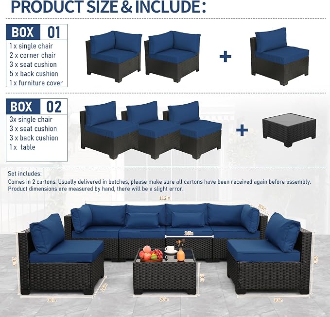 Valita 7 Pieces Outdoor Wicker Furniture Conversation Set Patio Sectional Sofa Set Glass Table with Non-Slip Cushions Furniture Cover, Navy Blue