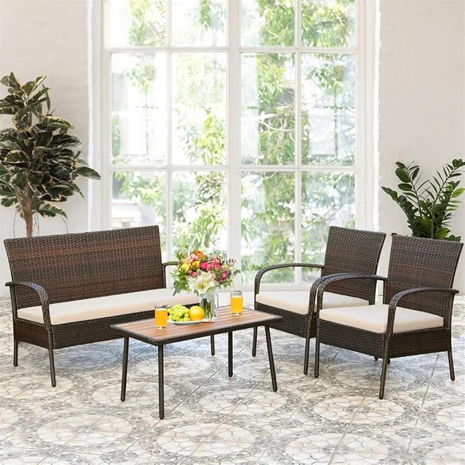 4PCS Patio Rattan Furniture Set Outdoor Conversation Coffee Table W/Cushions Single Chair
