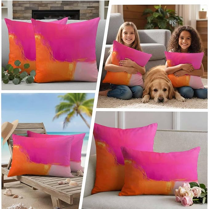 Waterproof Pillow Covers Set of 2 18x18 Inch Abstract Ombre Orange Pink Outdoor Cushion Covers Oil Painting Decorative Pillow Cases for Patio, Sofa, Couch, Garden, Balcony