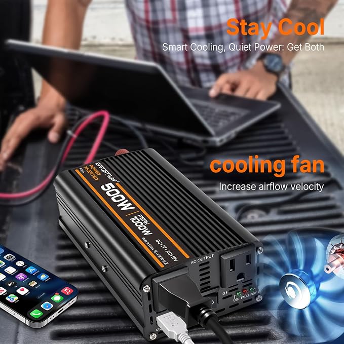 500W Power Inverter, Inverter 12V to 110V with 2 AC Outlets, 2.1A USB Port, Car Power Inverter with Alligator Battery Clamp for Phone, Laptop on Camping, Road Trip
