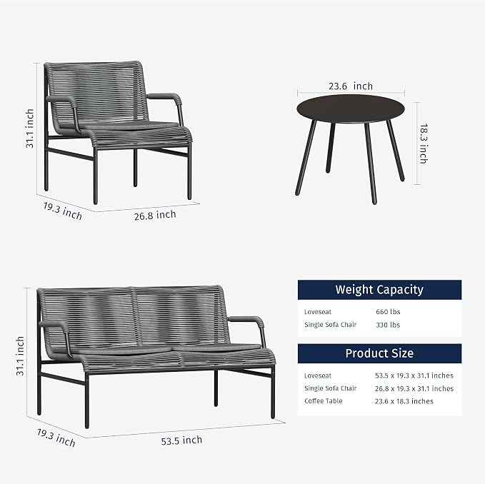 East Oak 4 Piece Patio Furniture Set, Outdoor Furniture with PE Wicker Rattan Chairs and Coffee Table, Modern Patio Conversation Set with Soft Pad for Garden, Backyard and Porch, Misty Grey