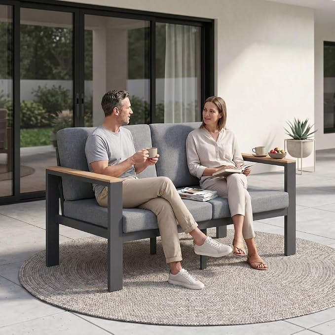 Outdoor Patio Sofa, 3-Seat Aluminum Outdoor Couch with 5-Inch Water-Resistant Cushions, Powder-Coated Frame for Porch, Deck, Backyard, Garden, Poolside, Gray