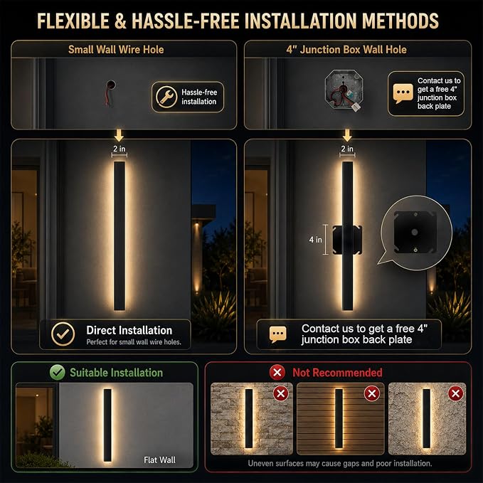 2 Pack 59In Long Outdoor Wall Light, 2700K-6500K Dimmable Modern LED Exterior Wall Sconce, IP65 Waterproof Black Linear Wall Mount Lighting for House, Courtyard, Porch, Garage
