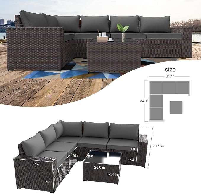 Kullavik Outdoor Patio Furniture Set 6 Pieces Sectional Rattan Sofa Set Brown PE Rattan Wicker Patio Conversation Set with 5 Seat Cushions and 1 Tempered Glass Table,Grey