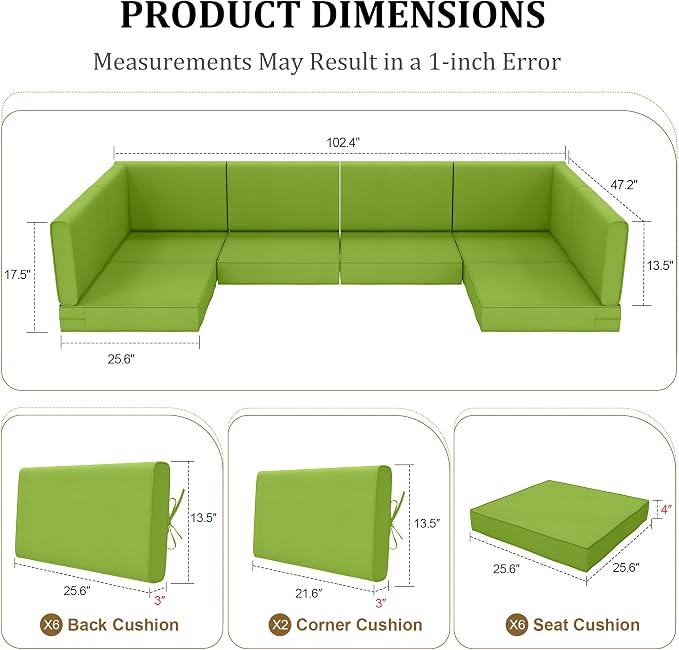 14pc Waterproof Outdoor Couch Cushions for 6 Seat Patio, Light Green | Water-resistant, UV-resistant,14pc High-Density Foam Replacement Cushions for 6-Seat Outdoor Sectional Furniture