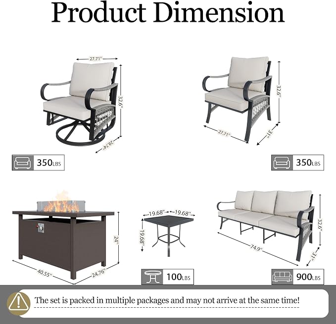 8-Piece Outdoor Furniture Set, Metal Swivel Rocking Chairs with All-Weather Cushions, Patio Conversation Set with Fire Pit Table for Deck, Porch, Garden, Backyard, Poolside (Beige Cushions)