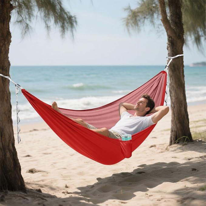 Crimson Red Solid Color Camping Hammock, Portable Lightweight Single Hammock with Tree Straps and Aluminum Carabiners, 114" x 54" Travel Hammock for Hiking Backpacking Beach