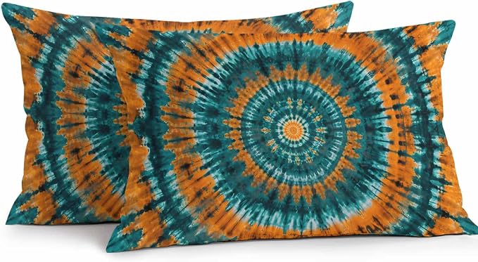 Vandarllin Outdoor Throw Pillows Covers 20x12 inch Set of 2 Waterproof Turquoise Orange Tie-Dye Art Decorative Zippered Cushion Covers for Patio Furniture, Abstract Boho Tribe Lumbar Pillowcases