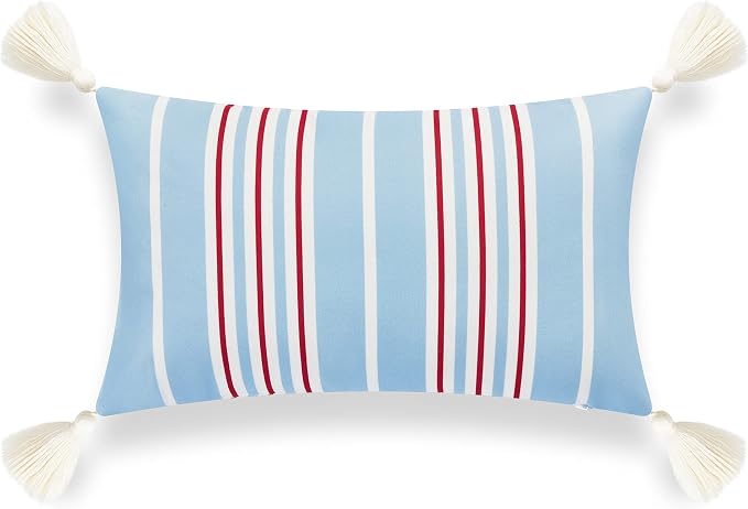Hofdeco Premium Coastal Hampton Style Patio Indoor Outdoor Lumbar Pillow Cover Only, 12"x20" Water Resistant for Backyard, Couch, Baby Blue Red Stripe Tassel