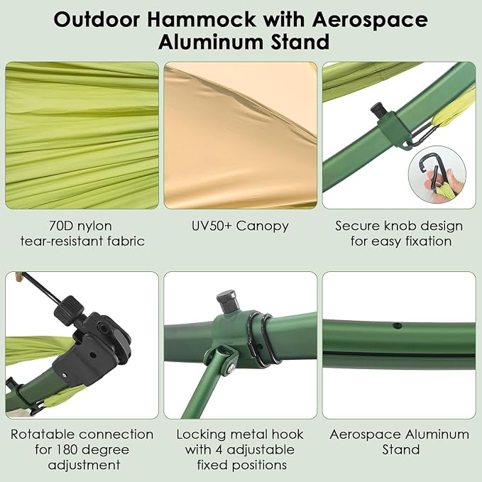 Quick-Fold Hammock with Stand for Outside, 60-Sec Setup 550lb Heavy-Duty Portable Folding Hammock with Adjustable Sunshade & Carry Bag for Camping Beach Garden Indoor Outdoor(Green)