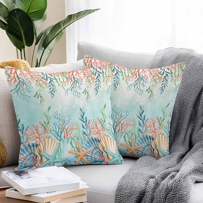 Throw Pillow Covers 26x26 Inch Set of 2, Ocean Starfish Seaweed Waterproof Outdoor Pillow Covers, Summer Coastal Beach Shell Coral Teal Decorative Cushion Pillowcases for Couch, Sofa, Bed, Patio