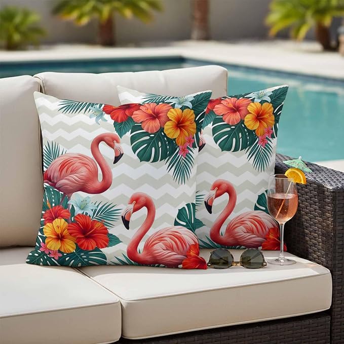 Pink Flamingos Outdoor Pillow Covers 24"x24" Set of 2, Summer Red Hibiscus Flower Tropical Plant Wave Stripes Waterproof Throw Pillow Covers for Patio Furniture, Decorative Cushion Covers for Porch