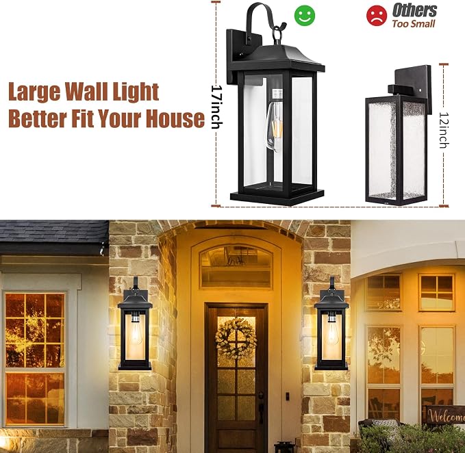 Large Black Outdoor Wall Light 17 Inch | 1 Pack ETL Listed, Exterior Light Fixture IP65 Waterproof, Weather Resistance Outside Wall Sconce for Front Door Backyard