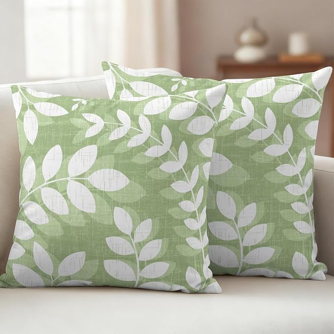 Olive Green Leaves Outdoor Waterproof Throw Pillow Covers 26x26 Set of 2, Farmhouse Botanical Branch Vintage Boho Decorative Pillowcases Cushion Pillowcase for Couch Sofa Patio Pillow Protector