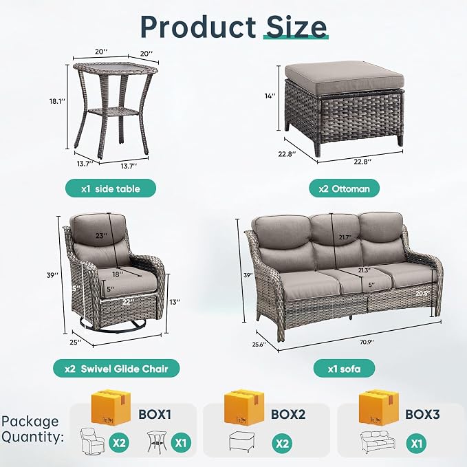 Outdoor Swivel Rocker Patio Chairs Set of 6-5" Thick Cushion 6 Piece Furniture Set with Fire Pit Table All Weather Wicker Conversation Set for Porch Deck - Gery Wicker | Gery Cushions
