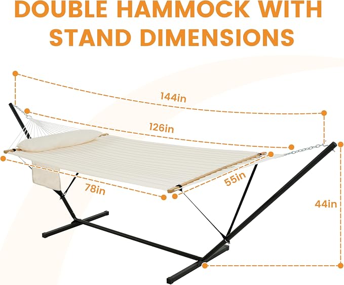 Lazy Daze Hammocks 2 Person Hammock with 12FT Stand for Outside, Quilted Double Hammock with Detachable Pillow, Balance Strap & Carrying Bag Included, 450lbs Capacity, Easy Tool-Free Assembly, Natural