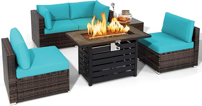 Tangkula 6-Piece Patio Furniture Set with 42 Inches Propane Fire Pit Table, Outdoor Wicker Conversation Set with Cushions and Tempered Glass Coffee Table, 50,000 BTU Gas Fire Pit Table (Turquoise)