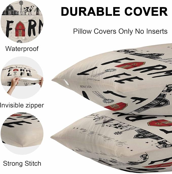 Outdoor Throw Pillows Covers 20x12 inch Set of 2 Waterproof Farm Life Decorative Zippered Cushion Covers for Patio Furniture, Retro Farmhouse Red Barn Windmill Cow Chicken Tractors Lumbar Pillowcases