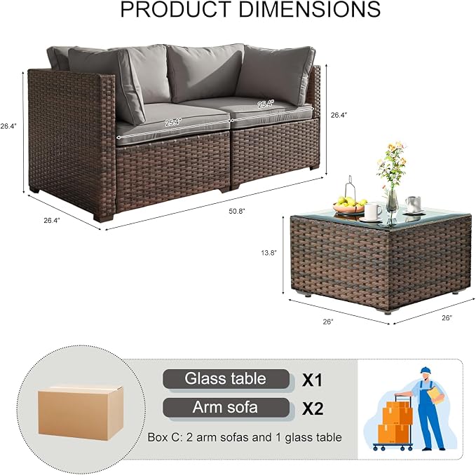3 Pieces Patio Furniture Set with Glass Table, Outdoor PE Rattan Sectional Sofa with Soft Cushions for Backyard, Porch, and Poolside (Gray, 3 PCS w/Table)