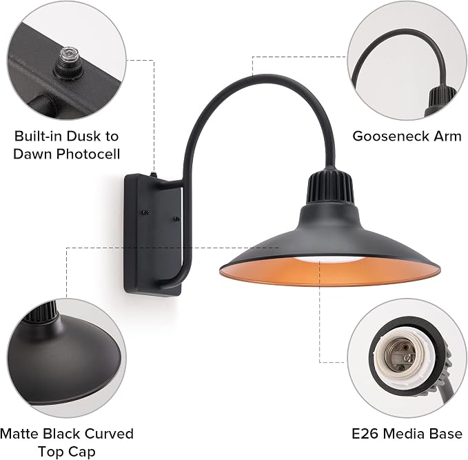 LUTEC Dusk to Dawn Wall Sconces Outdoor Gooseneck LED Barn Light Exterior Porch Wall Lighting Fixture, Anti-Rust Waterproof Vintage Wall Mount for House, Patio, Farmhouse, Garage